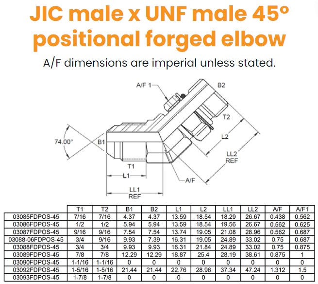 7/16 JIC x 7/16 UNF M/M 45° Positional Forged Elbow Hydraulic Adaptor